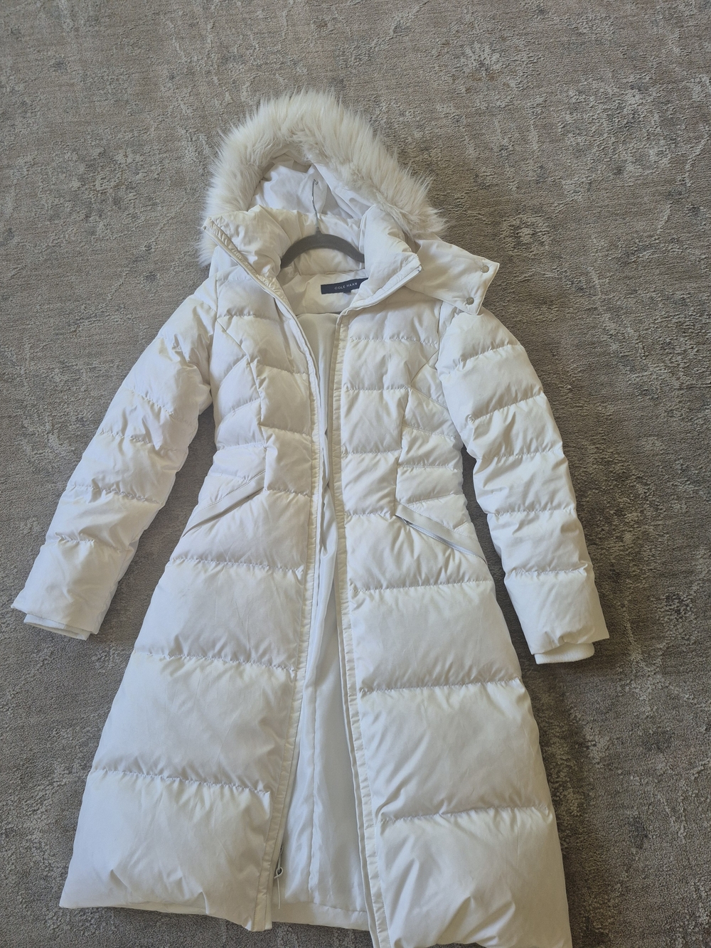 Women's Off White Cole Haan Long Down Puffer Coat with Faux Fur Hood